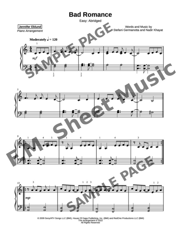 Bad Romance Easy Piano By Lady Gaga Fm Sheet Music Pop Arrangements By Jennifer Eklund 7041